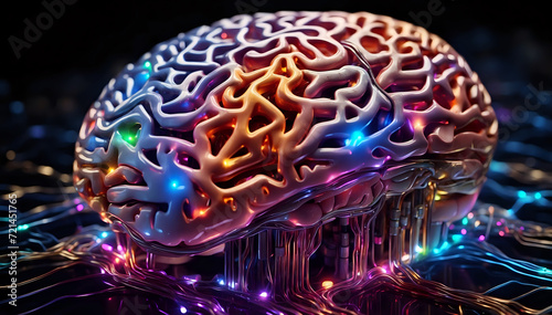 An AI brain, its neural pathways illuminated by glowing lights.