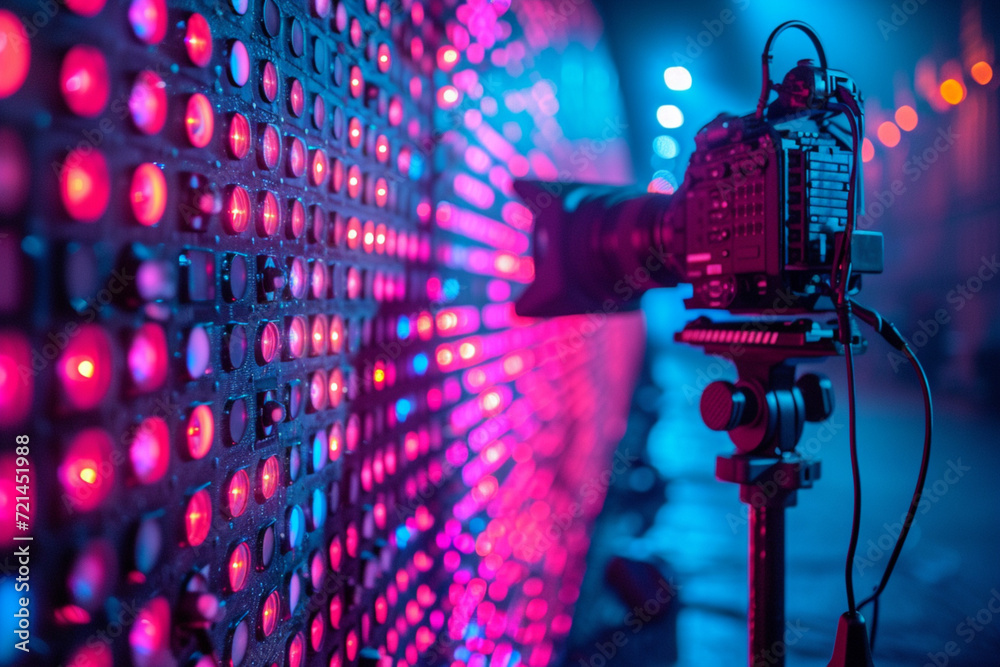 Professional camera in front of a neon-lit digital wall, capturing vibrant red and blue lighting. Perfect for modern photography concepts and creative studio setups Professional camera in front of a neon-lit digital wall, capturing vibrant red and blue lighting. Perfect for modern photography concepts and creative studio setups
