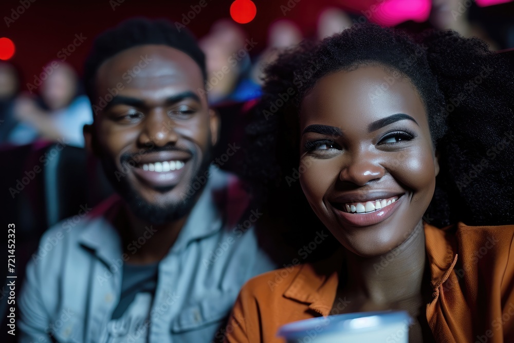 Black couple smiling at the cinema 