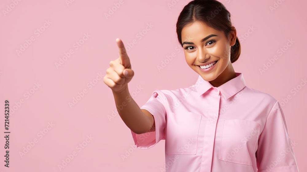 A young woman, who is clad in a uniform and holding a cleaning agent, points her finger towards the side of an isolated pink wall.
