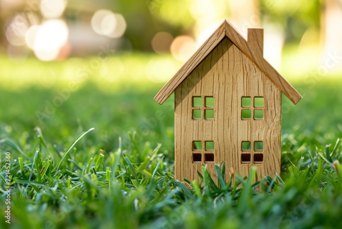 Wooden model of house on grass  summer outdoor  new home concept