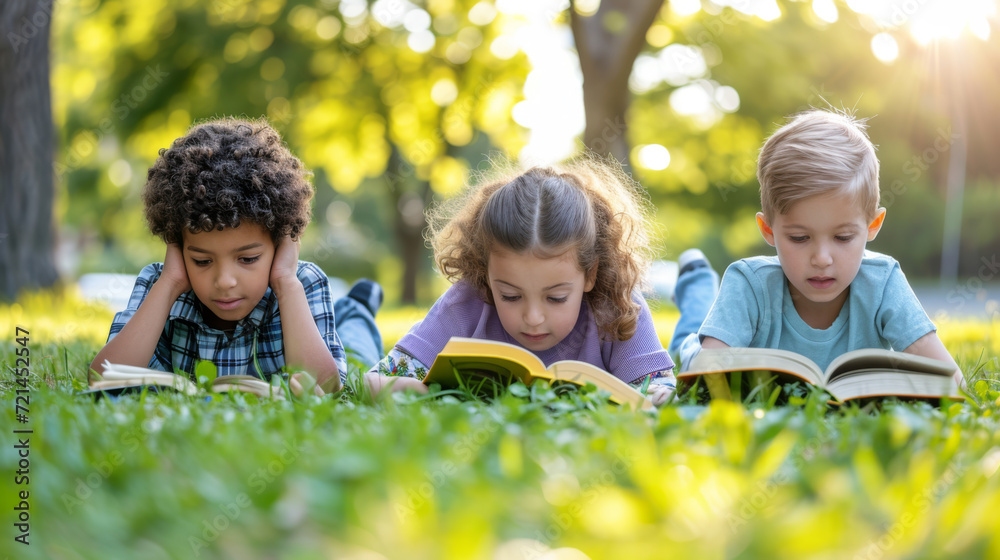Fototapeta premium children lying on the grass, deeply engaged in reading books.