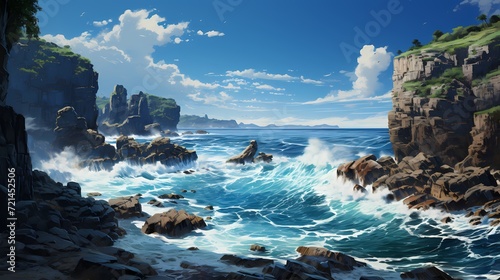 A mesmerizing shot of the cobalt blue ocean, with waves crashing against towering cliffs