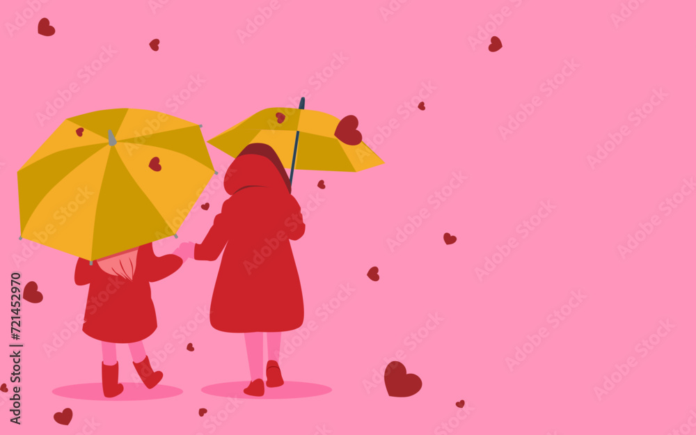 LOVE and valentine's day Concept. Love of valentine. Pink heart rain. backside of two children under blue umbrella with raincoat. love free hand text .happy Chinese New Year. LOVE and valentine's day Concept. Love of valentine. Pink heart rain. backside of two children under blue umbrella with raincoat. love free hand text .happy Chinese New Year.