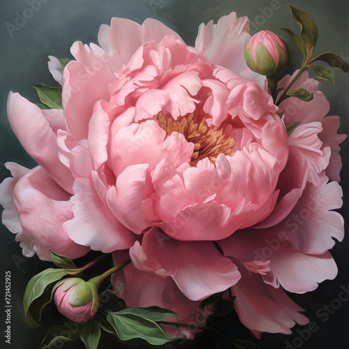 Oil painting, one peony cottagepunk style whimsical realism. Gorgeous large pink peony. Renaissance peony. photo