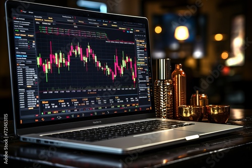 Professional financial market analyst working on laptop with detailed graphs and diagrams.