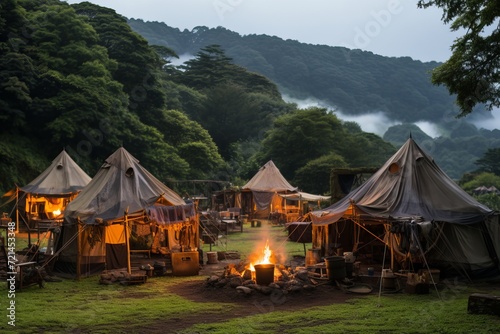 Scenic campfire camping in lush forest with tent pitched under towering trees for outdoor adventure. © Nelly