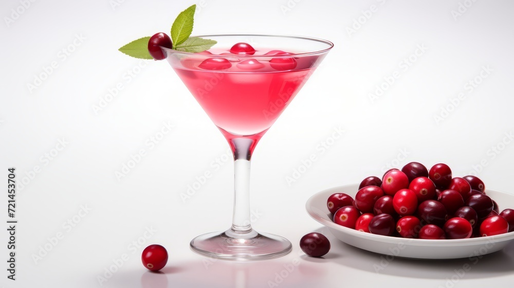 Red Cranberry Cocktail. Cocktail with Cranberry with Cranberries on white background. Minimalism. Food photography. Horizontal format Red Cranberry Cocktail. Cocktail with Cranberry with Cranberries on white background. Minimalism. Food photography. Horizontal format