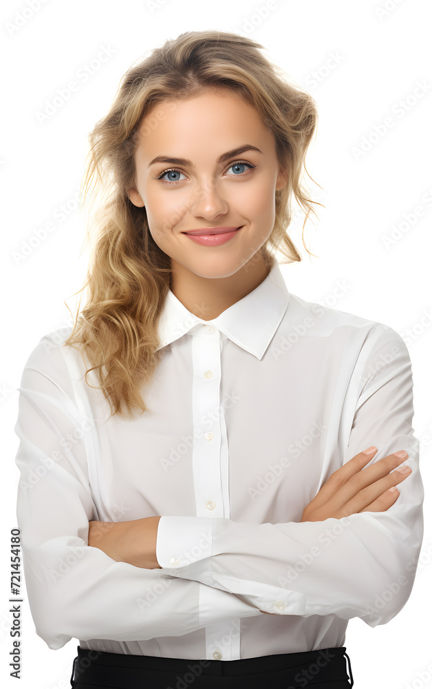 woman in formal shirt with arms crossed looking up smiling woman in formal shirt with arms crossed looking up smiling