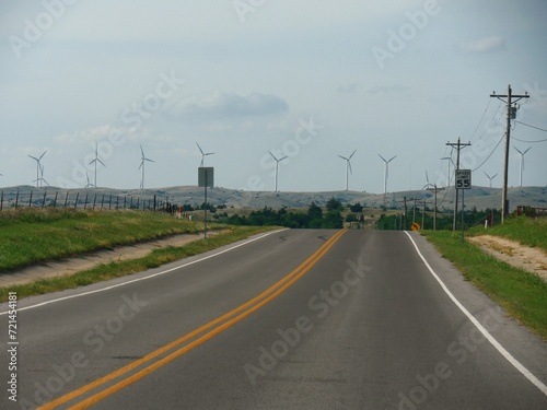 Wind turbines in the countryside of northern Oklahoma in the United States.