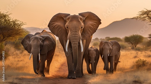 Dry grass in the wilderness is where a group of elephants are walking. © Elchin Abilov