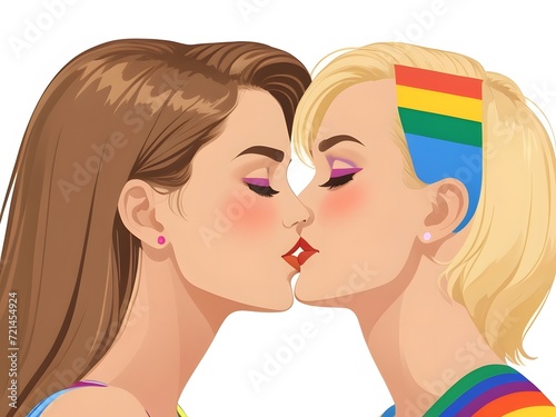 Illustration of two women kissing, one of them wearing a headband with the GTBT+I flag