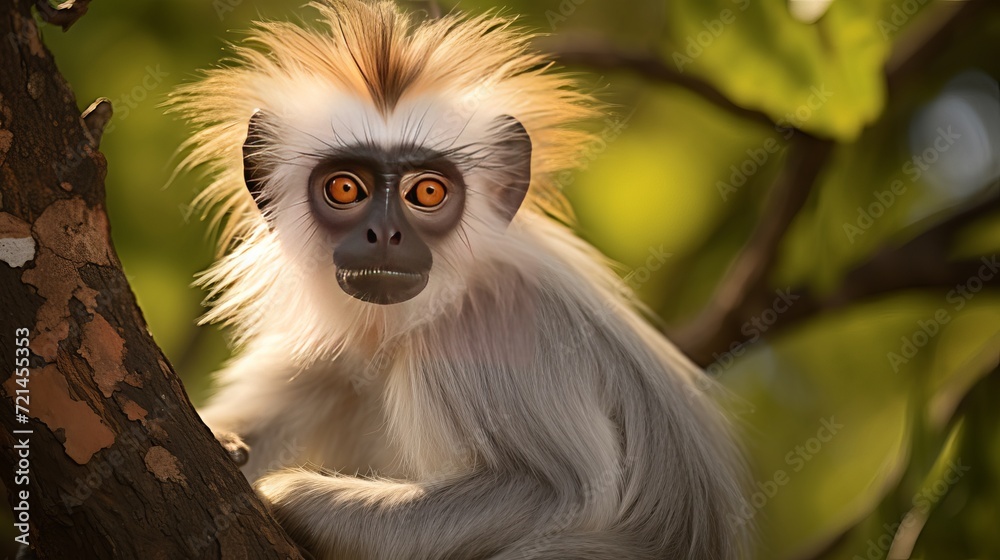 Fototapeta premium Photo of a red colobus piliocolobus tephrosceles sitting on a branch in zanzibar, tanzania.