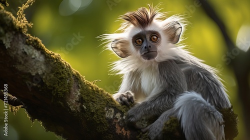 Photo of a red colobus piliocolobus tephrosceles sitting on a branch in zanzibar, tanzania.