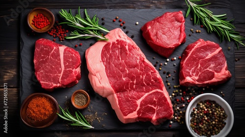 On the table, there is a selection of fresh steaks that is shown in a top view