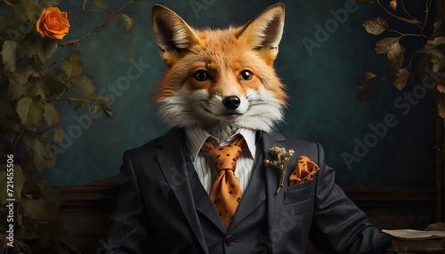 A mischievous fox donning a dark buisness suit. photo