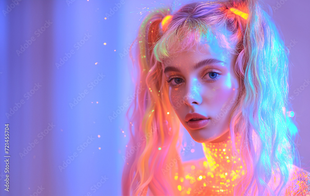Fashion editorial Concept. Closeup of asian girl with glitter sheen makeup, sparkle fairy light, neon white flowing hair . illuminated with dynamic composition and dramatic lighting. copy text space Fashion editorial Concept. Closeup of asian girl with glitter sheen makeup, sparkle fairy light, neon white flowing hair . illuminated with dynamic composition and dramatic lighting. copy text space