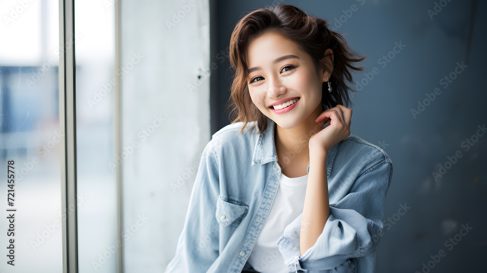 asian woman wearing jeans smiling 