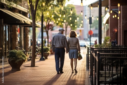 Against the backdrop of the town's quaint charm, an endearing elderly couple takes a leisurely walk, their easy companionship and shared laughter painting a picture of lasting love.