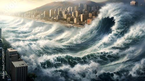 City engulfed by a menacing tsunami wave, leaving destruction and chaos. A battle between nature's force and humanity unfolds in this powerful image.