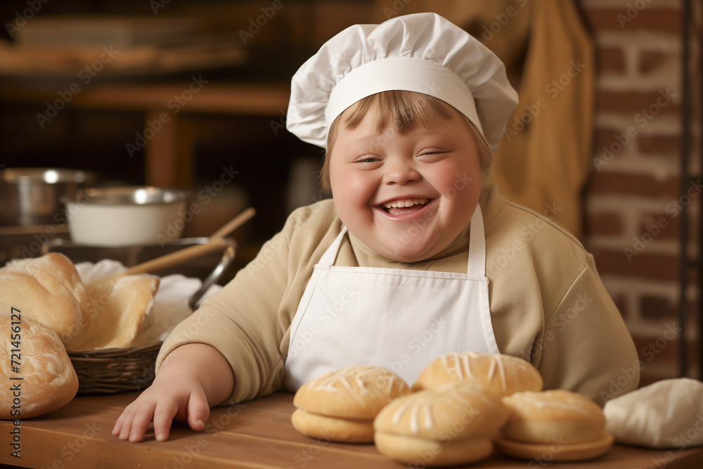 Caucasian, obese boy with down's syndrome, super happy to bake bread, and learn Caucasian, obese boy with down's syndrome, super happy to bake bread, and learn