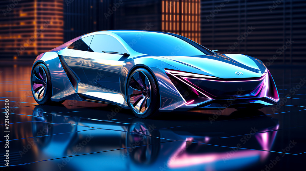 Futuristic Silver Concept Sports Car in Urban Landscape created with Generative AI technology