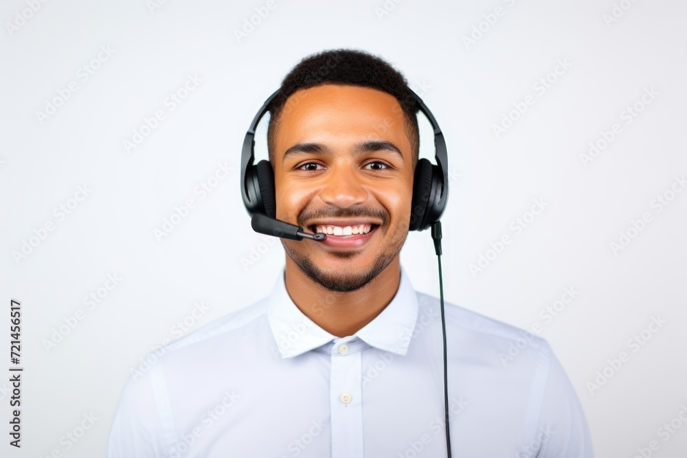 In a sleek office setting, an African American man exudes confidence in a shirt, jacket, and earpiece, smiling warmly, projecting professionalism and positivity. In a sleek office setting, an African American man exudes confidence in a shirt, jacket, and earpiece, smiling warmly, projecting professionalism and positivity.