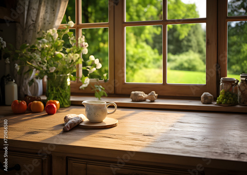 wooden table view in a countryside kitchen
