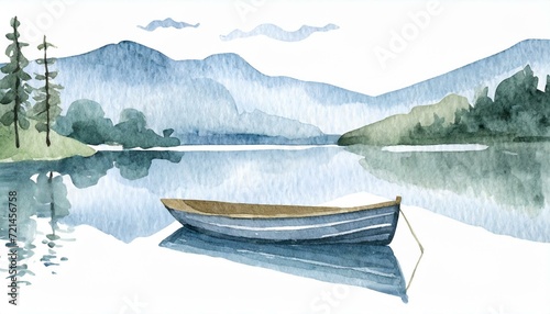 水彩風の山の風景とボート