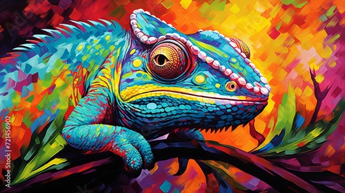 The main chameleon artwork is a vibrant and bright canvas masterpiece that can be purchased as prints, demonstrating the beauty of art and painting.