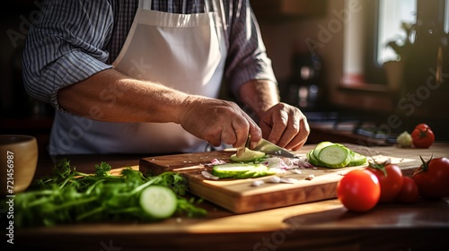 The middle of a man is using a cutting board to prepare food. photo