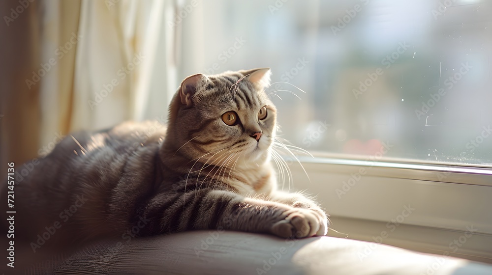 charming Scottish Fold cat lounging on a cozy window sill, its unique folded ears giving it an adorable and distinctive appearance. Soft sunlight filters through the window, highlighting the cat's lux