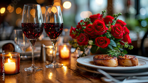 Elegant Valentine s Day Dinner for Two  Romantic Candlelit Evening with Roses  Wine  and Sweet Delicacies - Ai Generated