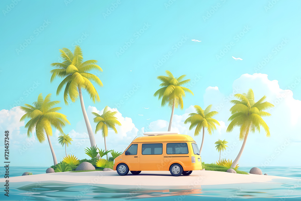 Mini van parking on a beach island in cute 3d cartoon. Summer background.
