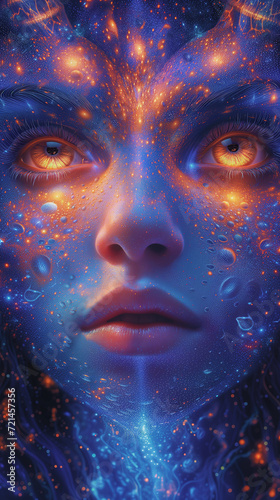 A strikingly unique portrait of a human face, with mesmerizing orange eyes and ethereal blue skin, evoking a sense of otherworldly beauty and artistic expression © Renata