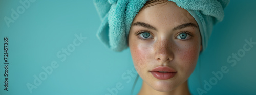 Girl with a teal towel wrapped around her head against blue background. Image for a facial spa or wellness center, skincare brand. Banner with copy space. photo