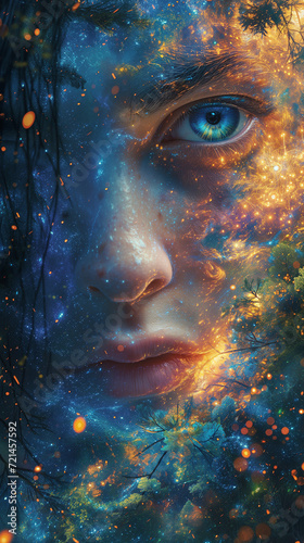 A mesmerizing portrait of a human face  adorned with the enchanting splendor of stars and the ethereal strokes of a skilled painter