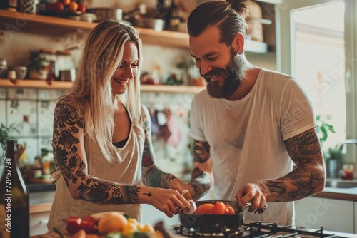 Happy middle aged couple with tattoos preparing food together in bright cozy kitchen 