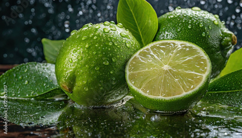 Cytrusy, owoce Limonki w kroplach wody. Generative AI photo