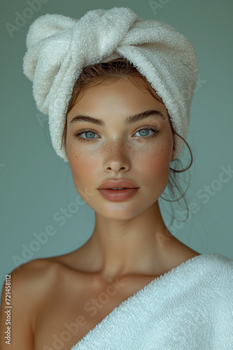 Girl with a white towel wrapped around her head against neutral background. Image for a facial spa or wellness center  skincare brand. Banner with copy space.