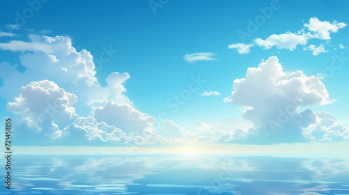 Sky Blue Cloud Background Horizon Spring Clear Sky in Morning by the beach Vector beautiful landscape nature sunrise in Summer Backdrop panoramic banner white clouds over ocean blue