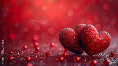 Valentine's Day Sparkle: Radiant Red Glitter Hearts with Romantic Bokeh Lights - Perfect for Greeting Cards and Love Celebrations, Ai Generated