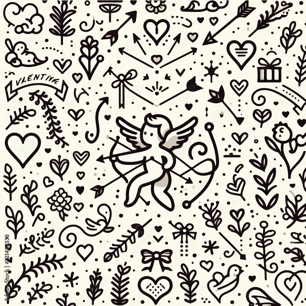 A captivating black and white doodle Valentine's Day pattern, exquisitely crafted with love, perfect for romantic celebrations.