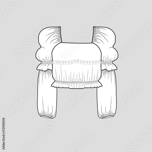 Frill Elastic gathering hem Ruffle Crop top Waist Gatherings lantern long Sleeve ruffles cropped fashion t shirt top blouse Flat Sketch technical Drawing template design vector