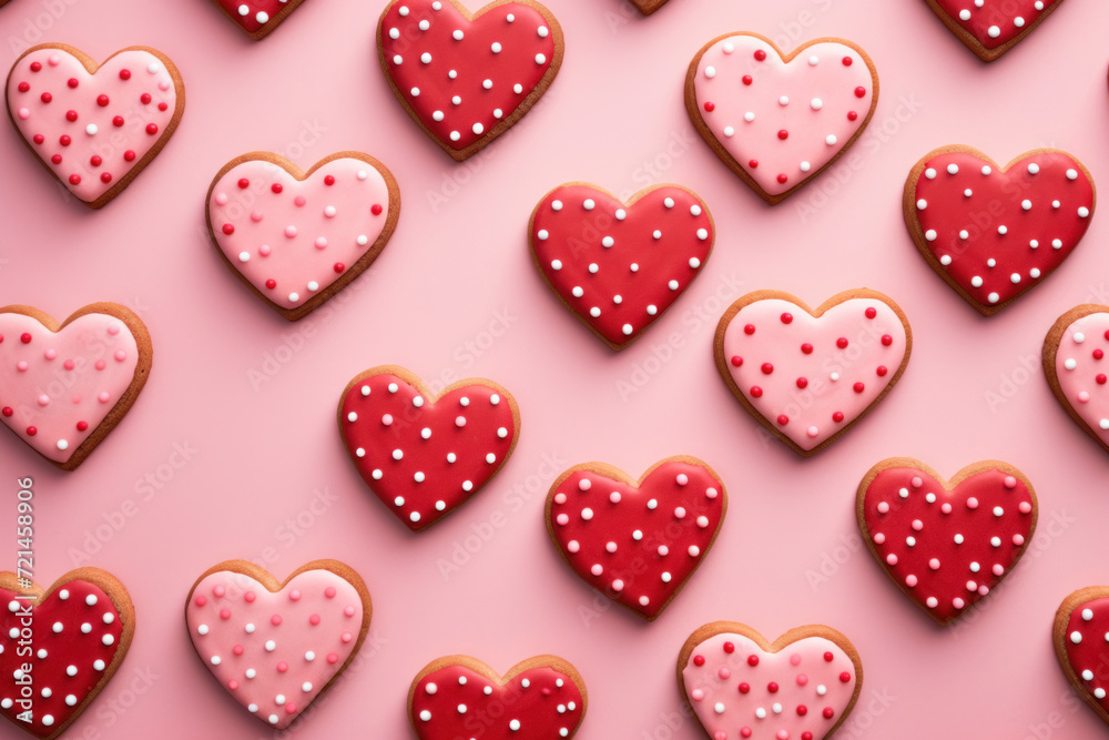 Red and Pink Heart Cookies on Pastel Background Red and Pink Heart Cookies on Pastel Background