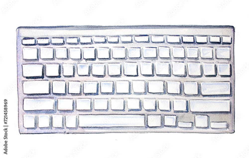 Keyboard top view.  Watercolor hand painted boss girl concept design. work illustration. Freelancer themed clipart isolated on white.