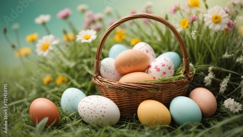 Colorful easter eggs displaying in a basket
