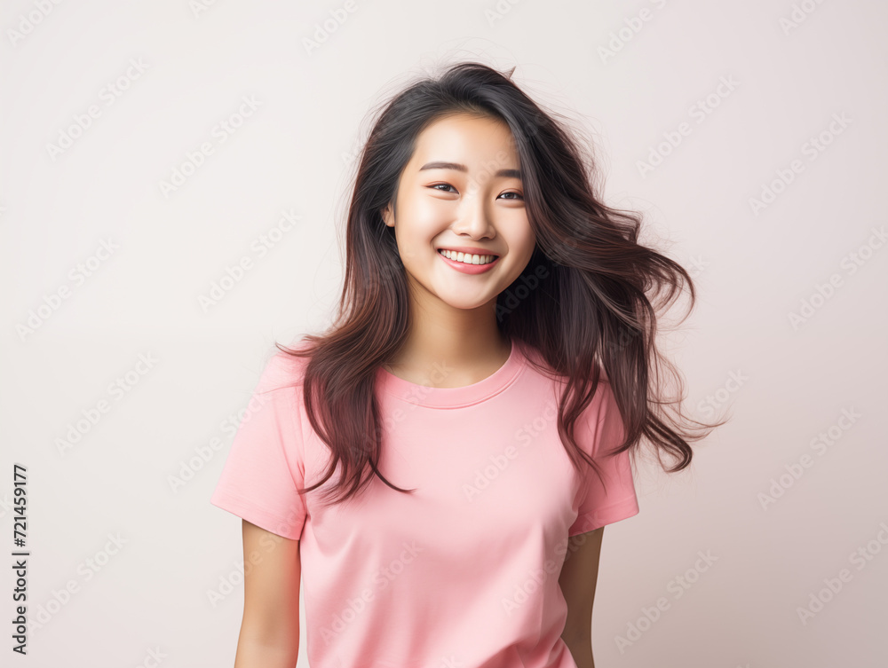 Fototapeta premium Portrait of a happy asian girl wearing pink t-shirt on white background