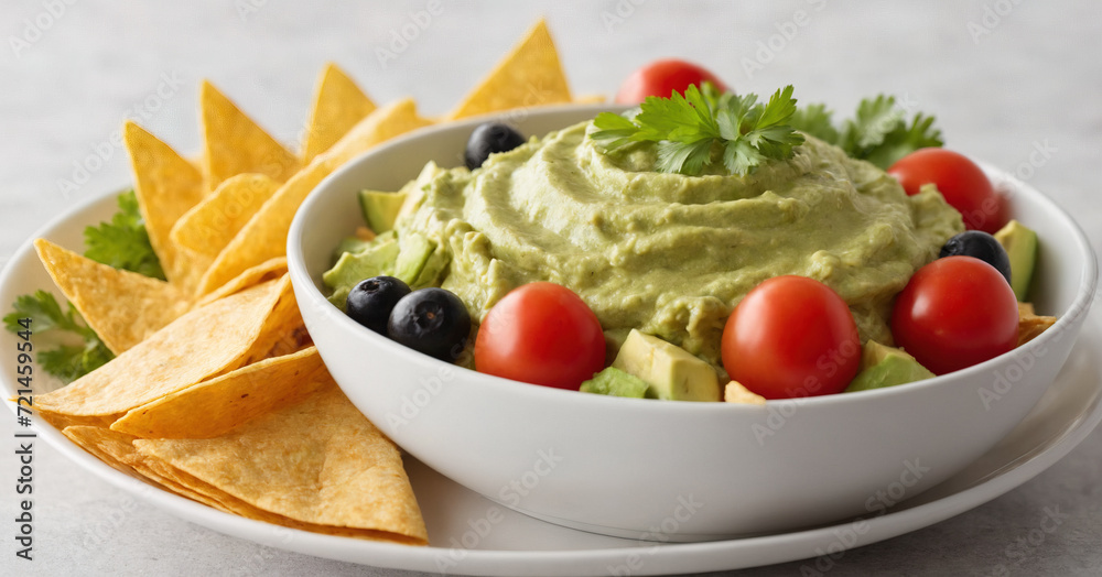 An isolated bowl of freshly made guacamole surrounded by crunchy tortilla chips, perfect for a healthy and flavorful snack or appetizer. An isolated bowl of freshly made guacamole surrounded by crunchy tortilla chips, perfect for a healthy and flavorful snack or appetizer.