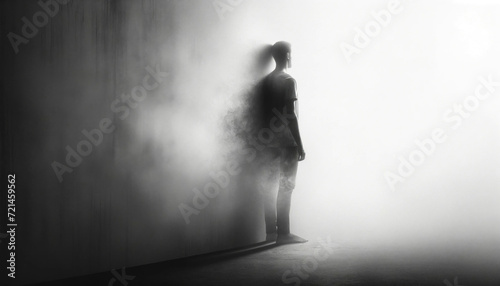 Back view of a person blending into a foggy background, symbolizing detachment photo